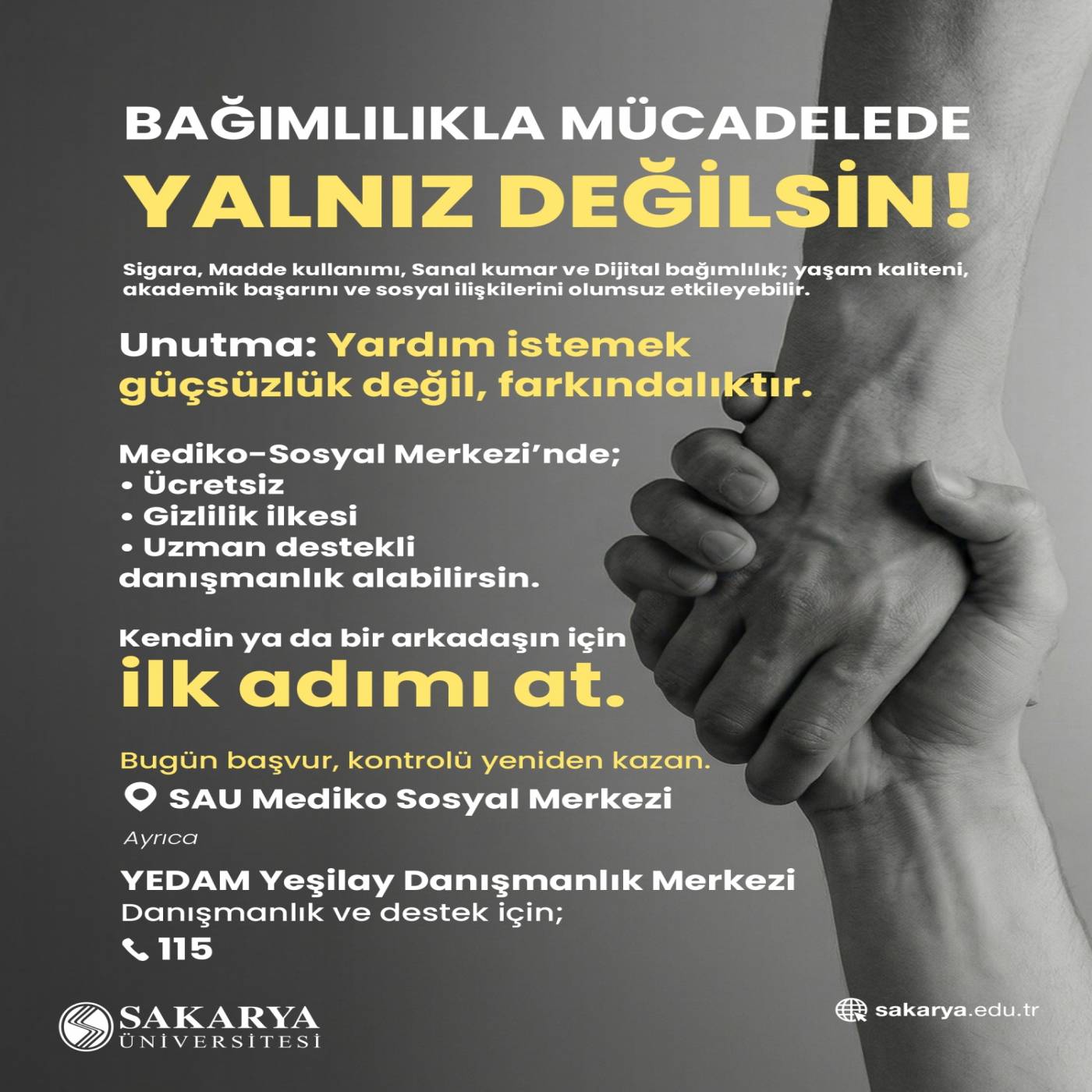 Üniversitemizin Mediko Sosyal Merkezi'nden ya da Yeşilay Danışmanlık Merkezleri'nden ücretsiz destek alabilirsiniz.